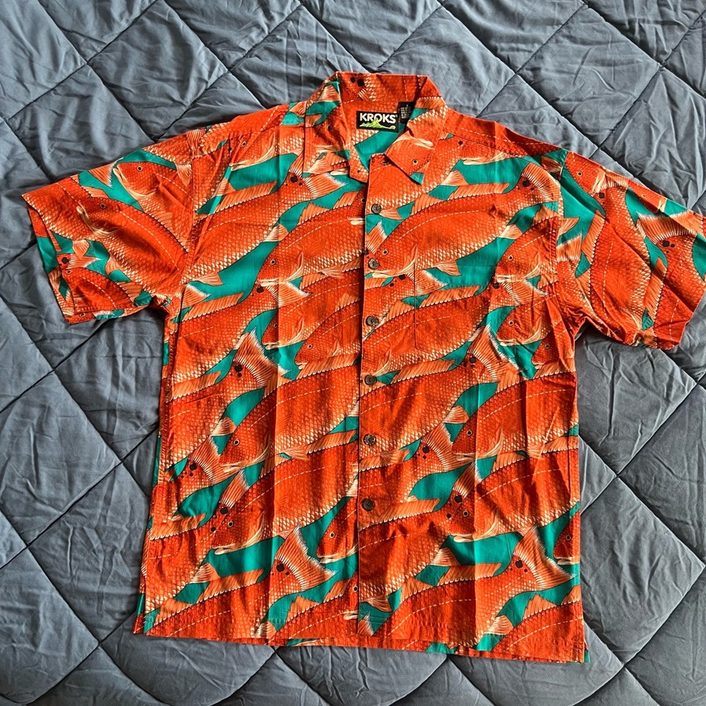 Men's Orange Fish Print Casual Button Down Shirt